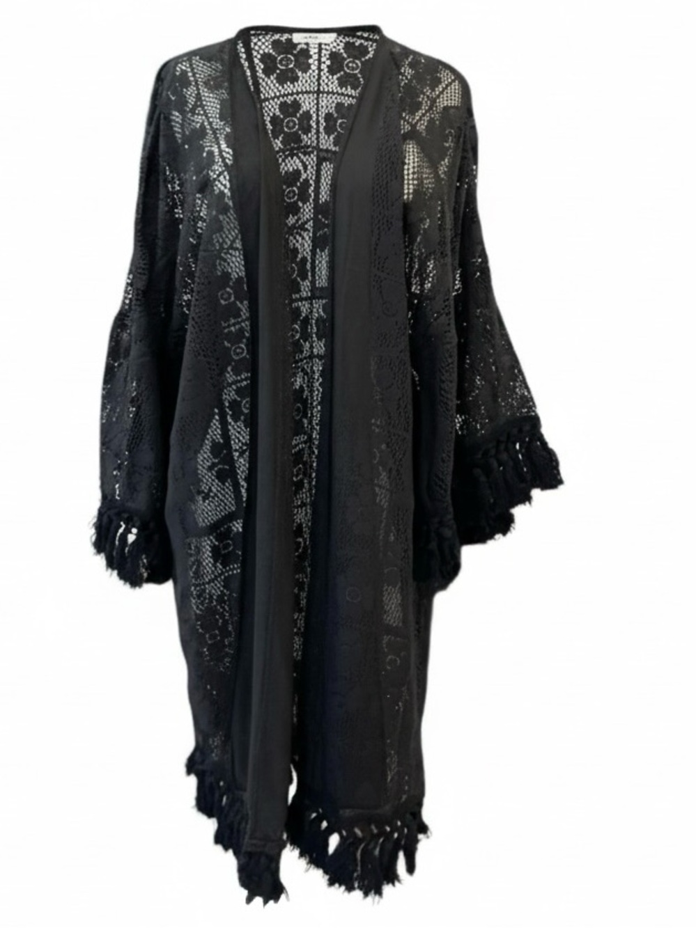 Aerie Black Open Front Patchwork Fringe Crochet Festival Swim Cover Up Kimono